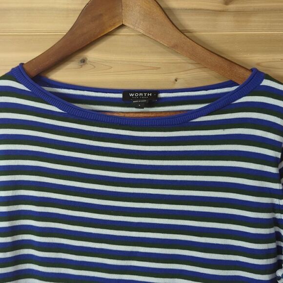 Worth Sweater Womens Large Blue Striped Crew Neck Lightweight - Picture 2 of 8